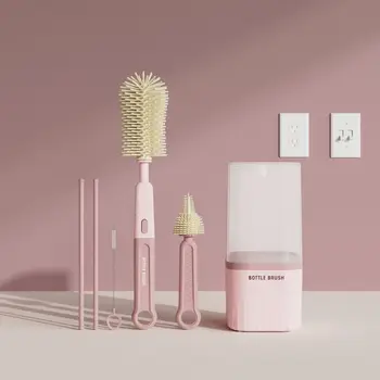 스트레이트 핸들 실리콘 병 브러시, 다기능 휴대용 젖꼭지 브러시, 용기 청소 컵 브러시 세트