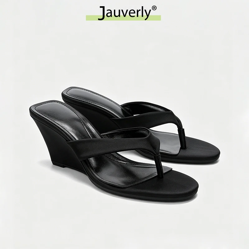 

2026 Summer New Women's Black Satin Wedge Flip Flops Fashion Square Toe High Heels Elegant Slip On Party Dress Women Sandals