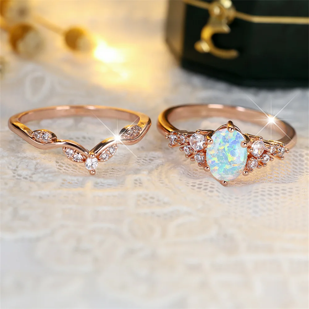 2pcs/Set White Fire Opal Oval Stone Ring Sets For Women Vintage Rose Gold Color Engagement Band Wedding Jewelry Mothers Day Gift