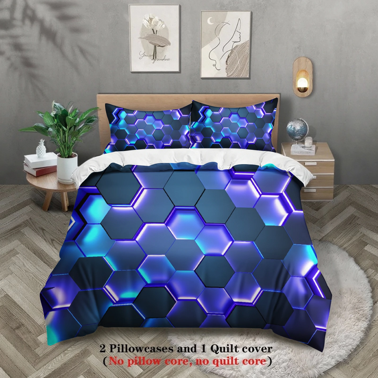 

3pcs Hexagon Pattern Bedding Sets 3D Printed Blue Purple Geometric Duvet Cover Sets With Pillowcases No Filling Cool Visual