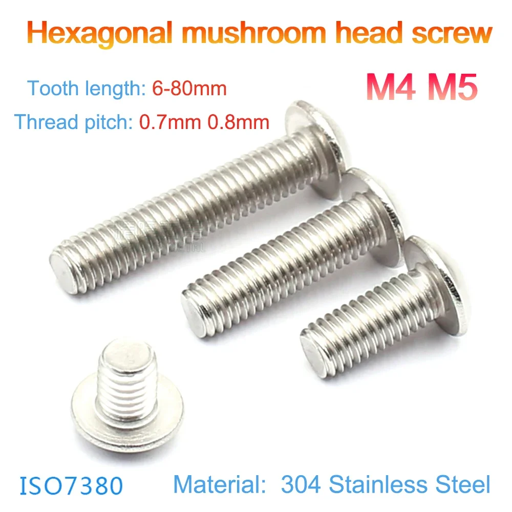 304 Stainless Steel Pan Head Round Cup Hexagon Socket Bolt M4 M5 Mushroom Head Inner Hex Machine Screws Hardware Fitting