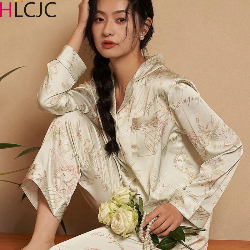 

2024 New Ladies Two-Piece Pajamas Set Ice Silk Pajamas Female Spring And Autumn Summer Long-Sleeved Trousers Women's Homewear