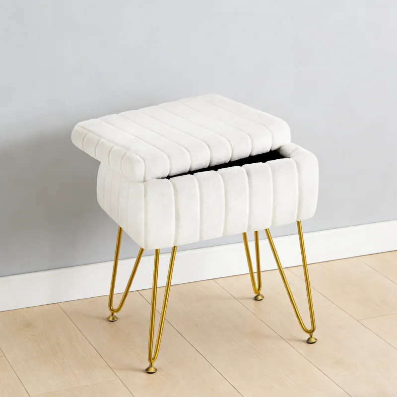 White Velvet Storage Footstool Round Cushion Seat Wooden Stool Bedroom Ottoman Household Furniture