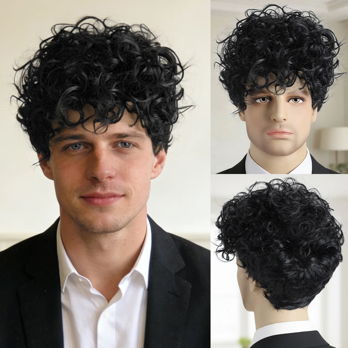 

10-дюймовый черный короткий синтетический парик для мужчин, подходит для повседневного использования и для музыкальных фестивалей, вечеринок и Рождества.