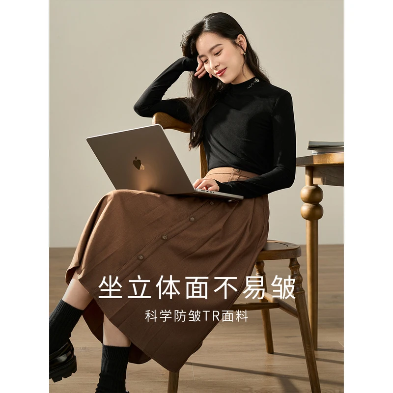 INMAN Women Skirt Winter High Waist A-shaped Loose Single Breasted Fashion Commuting Elegant Coffee Black Mid-length Skirt