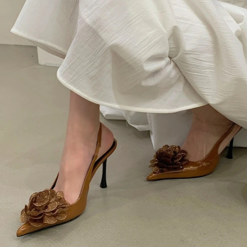 

Aneikeh Sexy Rhinestones Flower Designer Pointed Toe High Heels Women Shallow Fashion Sandals Pumps Elegant Banquet Dress Shoes