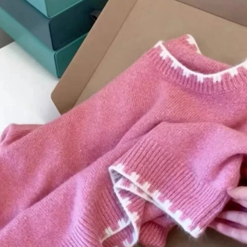 سترة وردية برقبة دائرية وأكمام طويلة للنساء على الطراز الكوري للخريف أنيقة وفريدة من نوعها #2