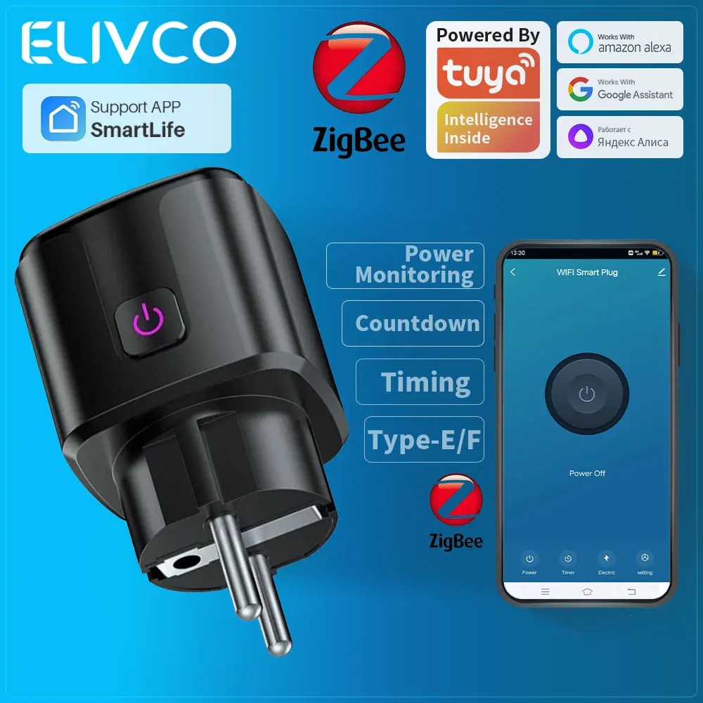 16A Tuya Zigbee Smart Plug EU Smart Socket With Power Monitor Timer Voice Control Works With Alexa Google Assistant Alice Alice
