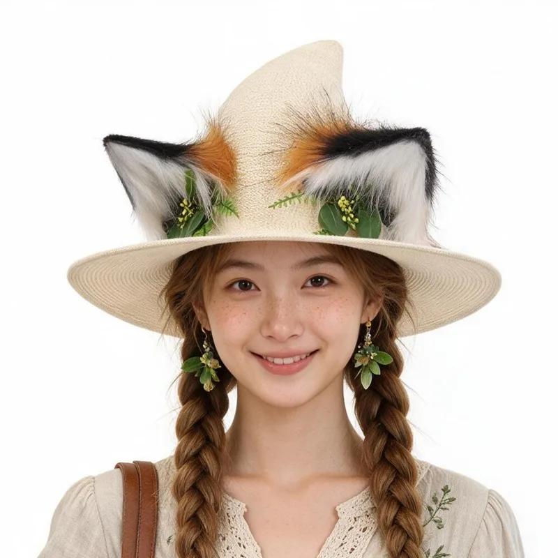 Forest‑Style Wide‑Brim Hat, Hand‑Finished Hat with Fox Ear & Leaf Ornament, Imitation Straw‑Look Headwear for Shooting & Events