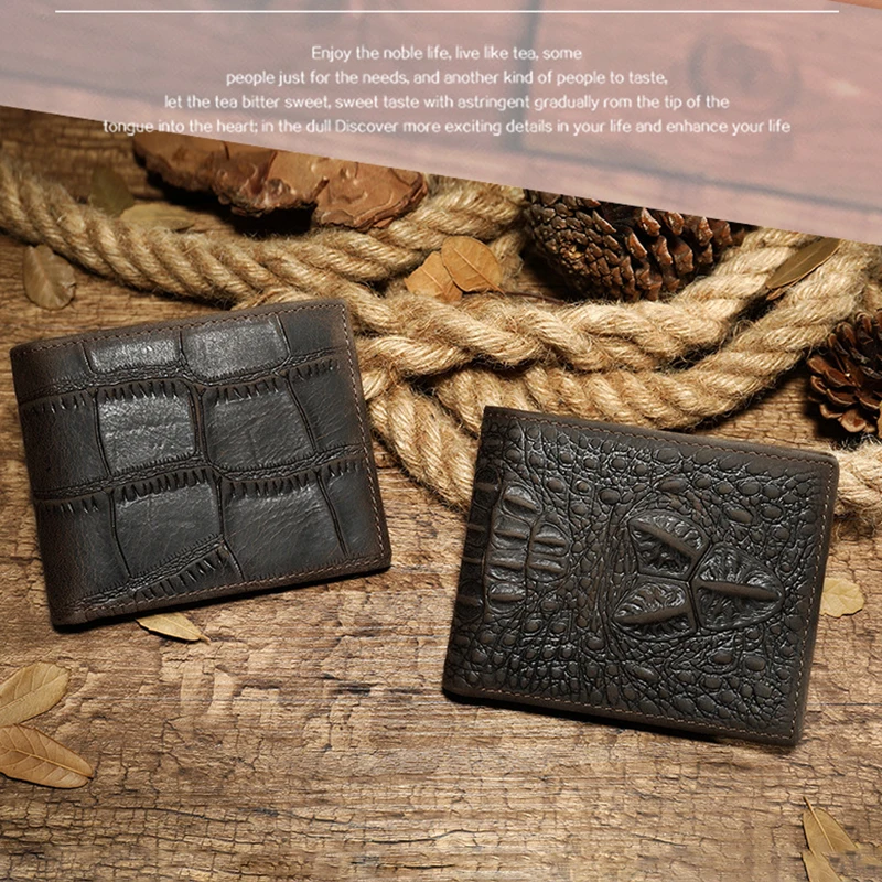 Men Genuine Leather Wallet Top Grain Cowhide Crocodile Embossed Pattern Handmade Outdoor Fashion Small Coin Purse