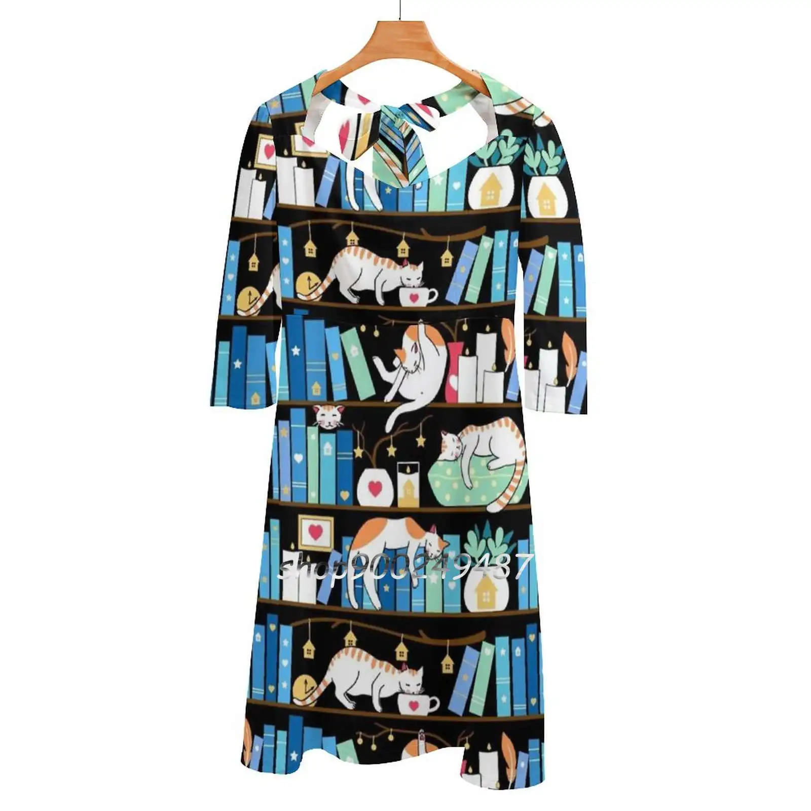 Library Cats-Turquoise Morning Sweetheart Knot Flared Dress Fashion Design Large Size Loose Dress Animal Black Book Bookshelf