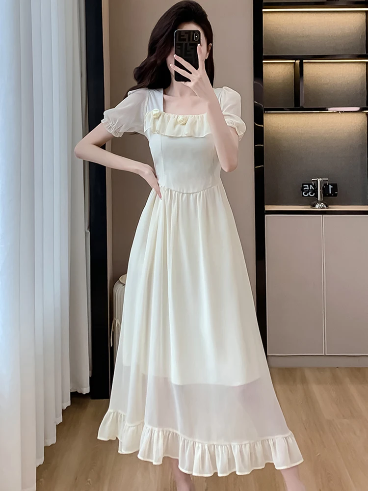 Mulheres coreano vintage luxo vestido de noite verão branco chiffon gola quadrada puff manga vestido 2025 babados bodycon vestidos