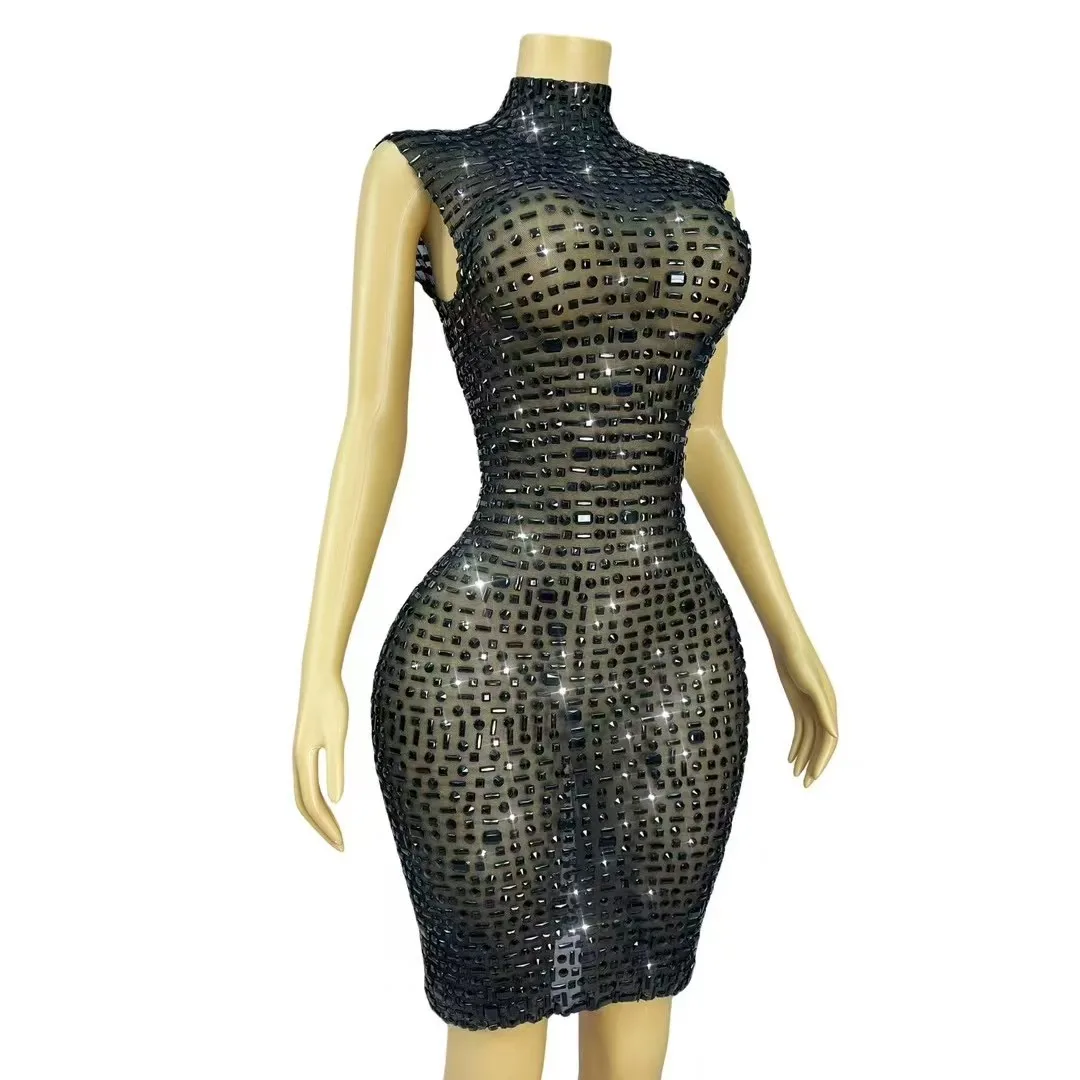 Seksowna błyszcząca pełna czarna dżetów przezroczysta siateczkowa sukienka damska urodziny wieczór koktajlowy elegancki strój kostium do klubu nocnego