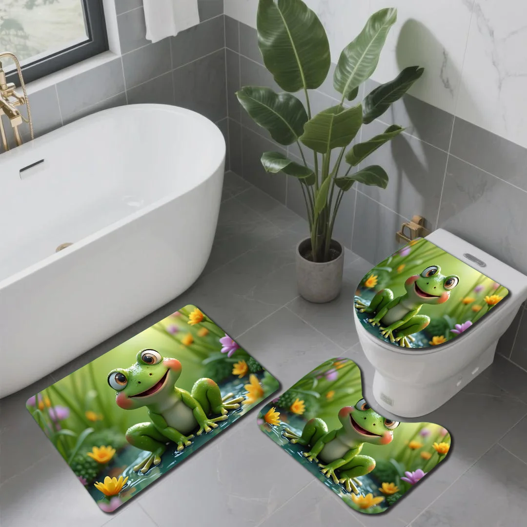 3‑Pieces Frog Pond Bathroom Mat Set, Decor Rug Kit With Toilet Lid Cover & U‑Shaped Mat, Nature‑Style Home Bathroom Decor