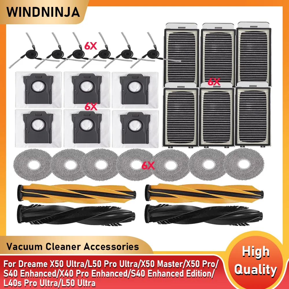 

Запасные части для Dreame X50 Ultra/X50 Master/L40S Pro Ultra/L40S Ultra/L50 Pro Ultra/MOVA V50 Ultra: основная щетка, фильтр, насадка для влажной уборки, мешок для сбора пыли.