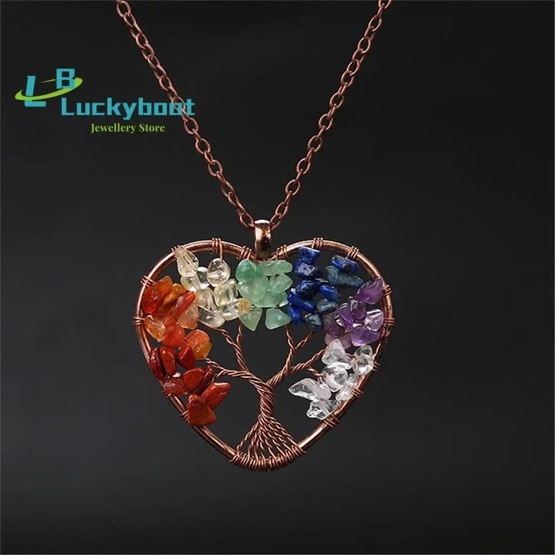 Wholesale Hand-wound 7 Charkra Tree of Life Heart Pendant Necklace Natural Multi Color Crystal Aventurine Link Chain Necklace
