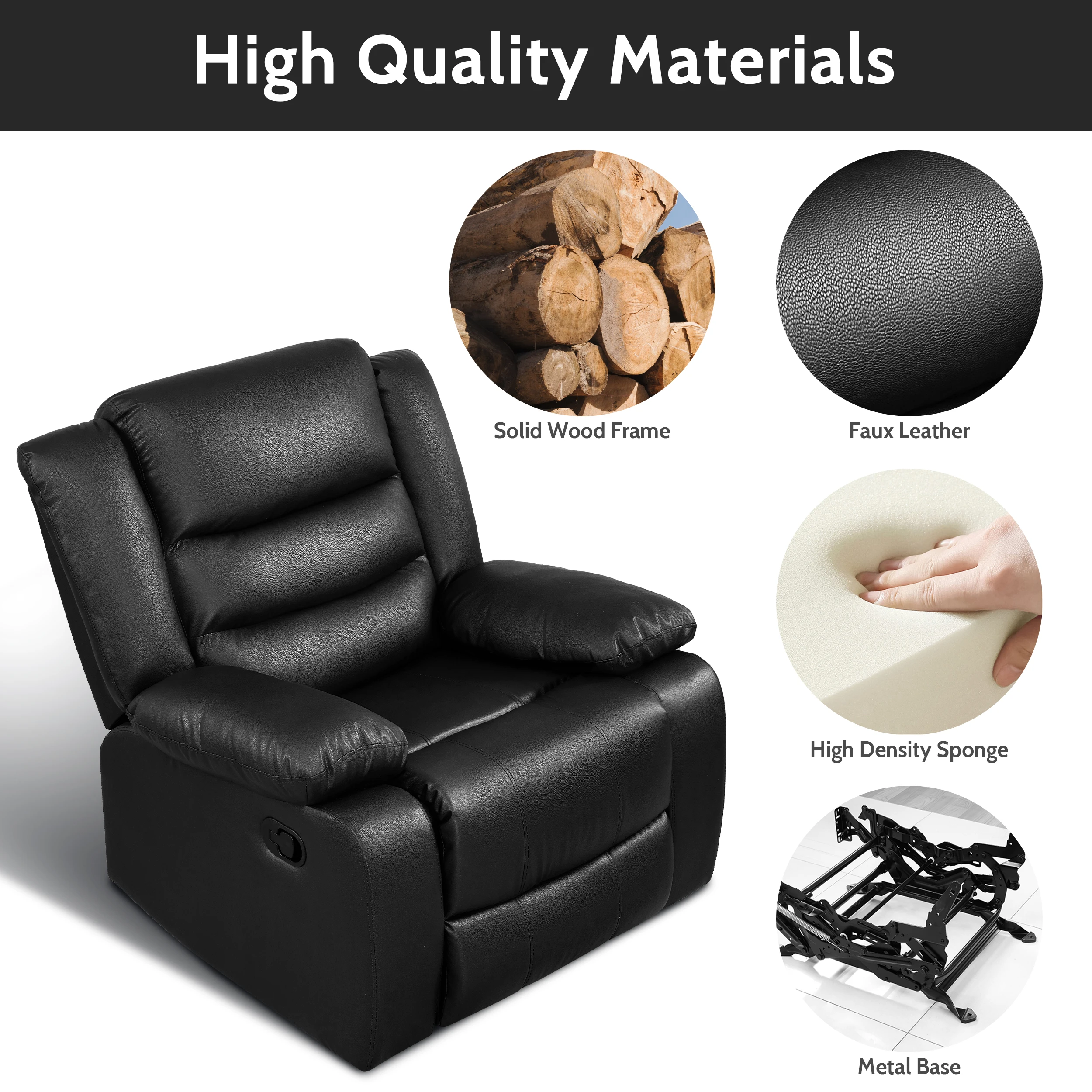 Swivel Rocking Recliner Chair for Adults, Overstuffed Manual Rocker Nursery Recliner Glider, PU Leather Reclining Chair, Black