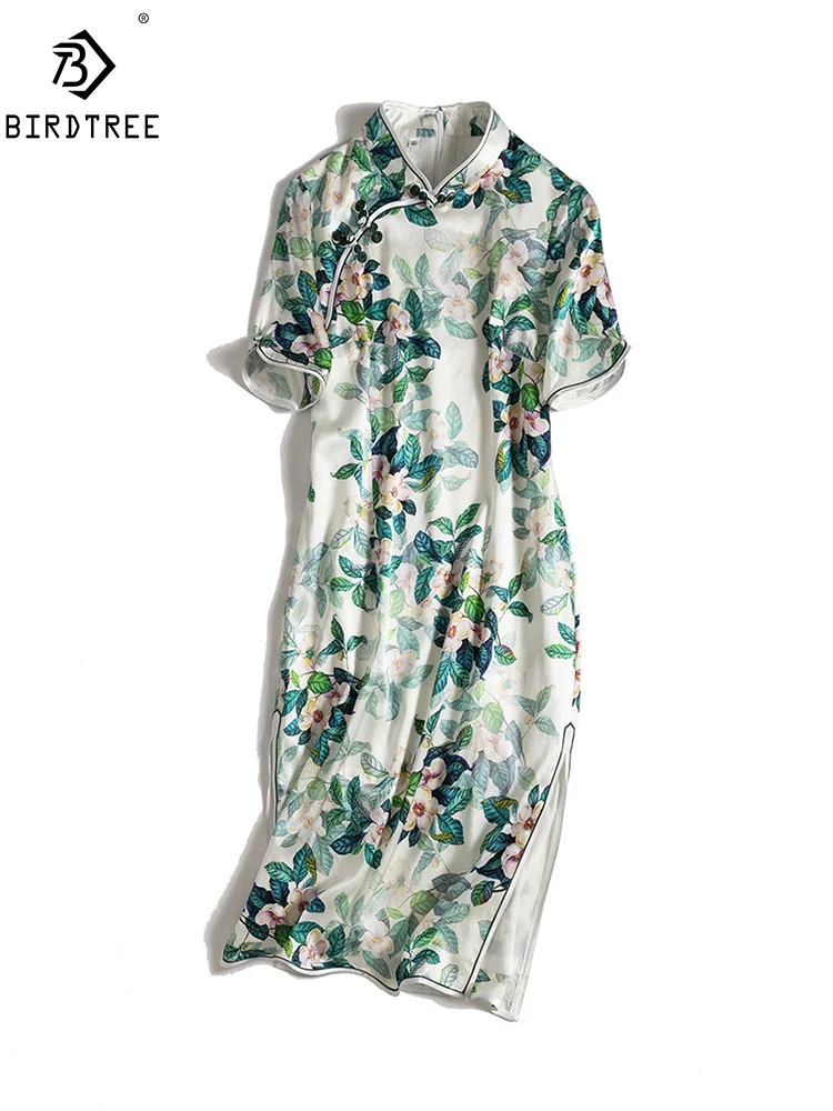 BirdTree, 92%Natural Silk Elegant Dresses, Women Short Sleeve Stand Neck Floral, Chinese Retro Cheongsam, 2024 Summer D46506QM