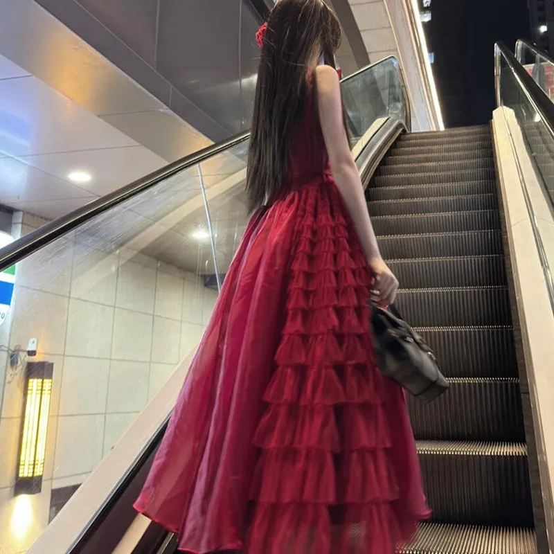 Tea break red sleeveless vest shaggy dress