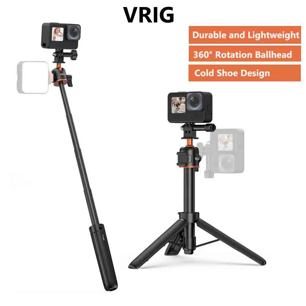 VRIG NEW 55cm Selfie Stick Tripod W Cold shoe 360 Ballhead Mini Vlog Tripod for Gopro 12 11 10 9 8 7 6 5 Osmo Action Mic Light