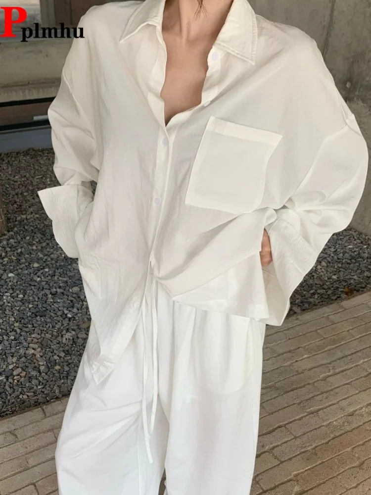 

Turn-Down Collar Shirt Tops Conjuntos Women's Casual Korean Fashion Baggy 2 Piece Set Loose Summer Wide Leg Pants Ensembles