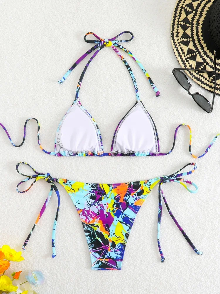 Bikini Women Swimsuit 2026 New Purple Print Halter Bikinis Set Sexy Lace Up Swimwear Summer Two Piece Beach Bathing Suit Female