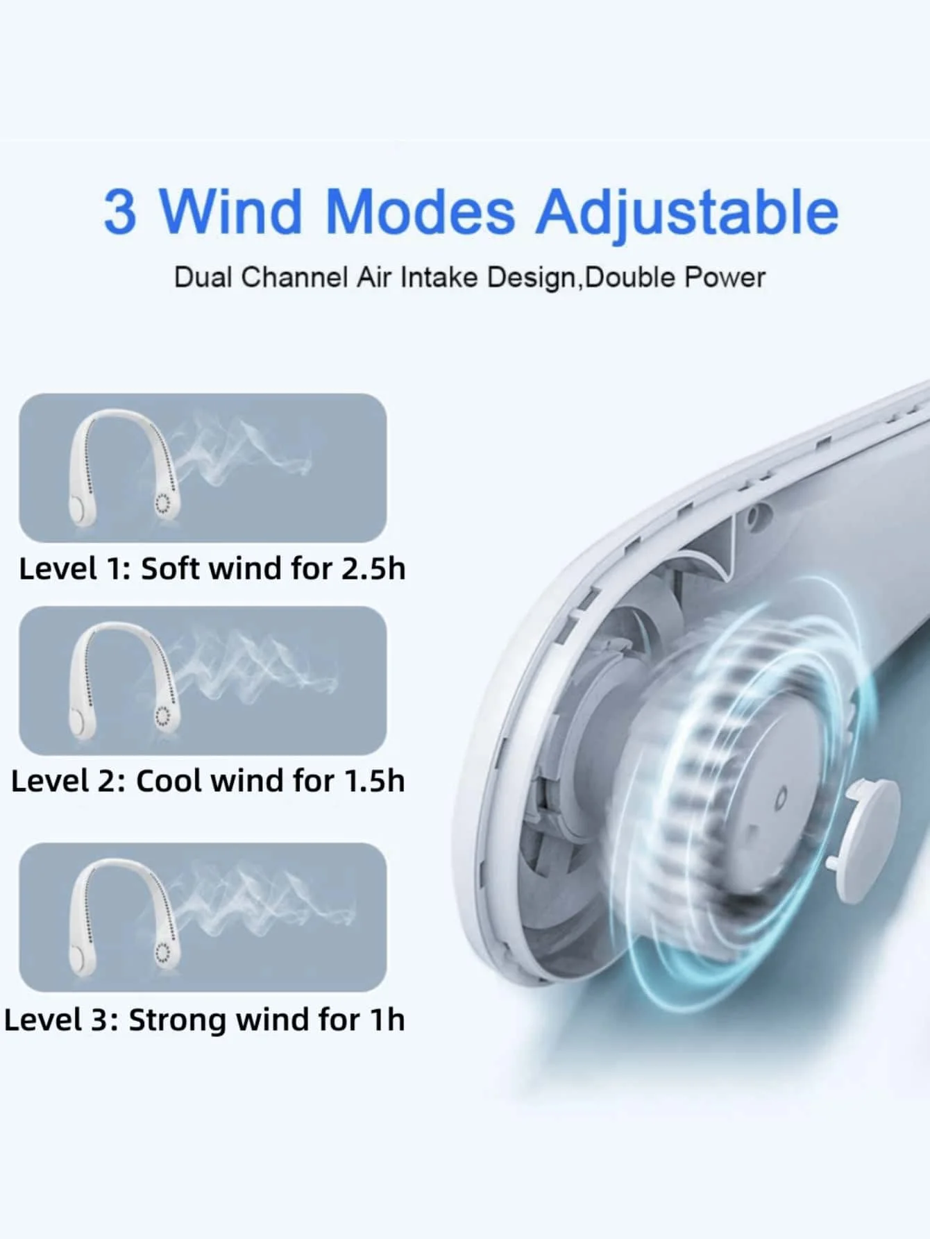 1 Stück tragbarer Nackenventilator, freihändiger, flügelloser Ventilator, blattlos, wiederaufladbar, Kopfhörer-Design, USB-betriebener Tischventilator, 3 Geschwindigkeiten