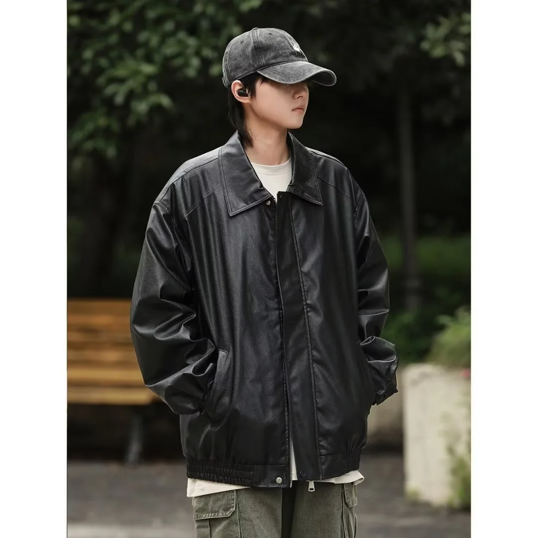 

Men's Leather Jaet Autumn Winter Street Sle Big Size Color Hong Kong Sle Trendy Brand Outerwear Casual Faion