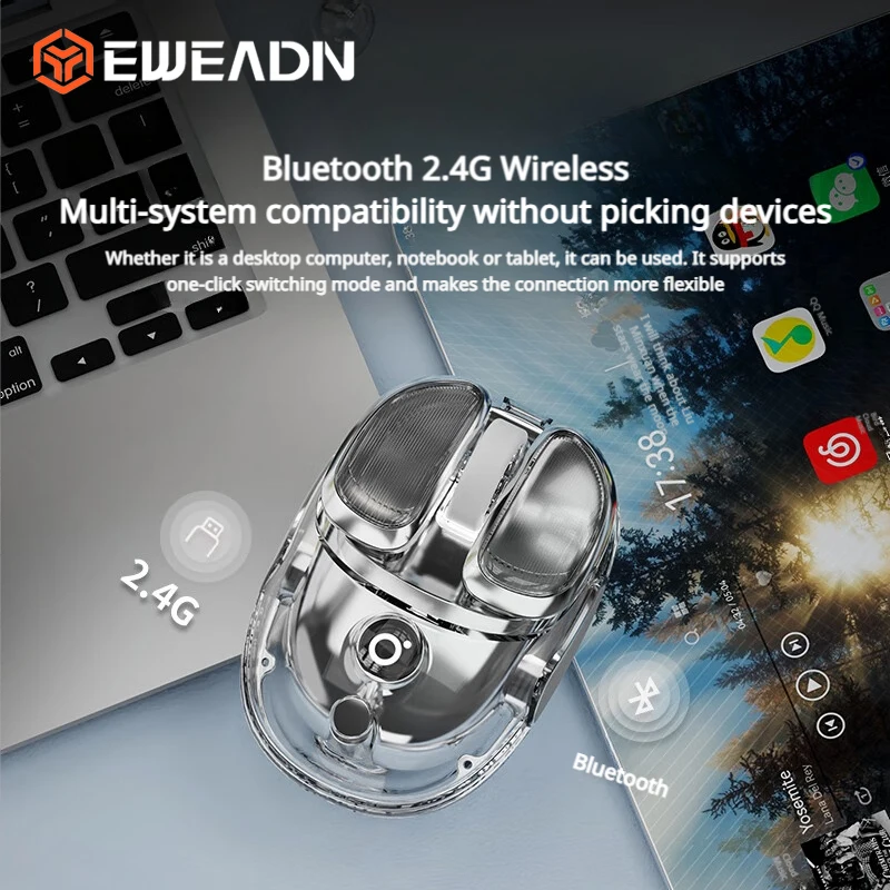 EWEADN Q9 Transparent Wireless Mouse BT+2.4G Dual Mode RGB Silent 4-Speed Max4800DPI Rechargeable Mice for PC/Mac/Laptop