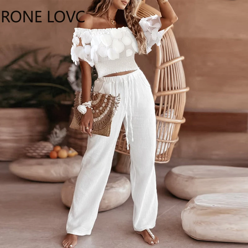 

Women Solid Slash Collar Off Shoulder Short Sleeves Pleated Three Dimensional Decor Straight Leg Pants Sets