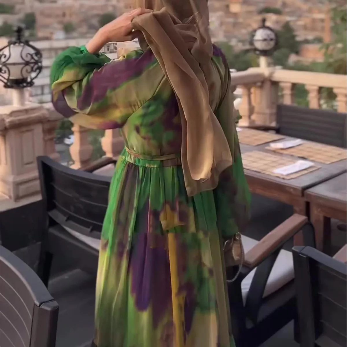 

Middle Eastern Muslim Spring New Chiffon Print Fashion Temperament Long Dress for Women