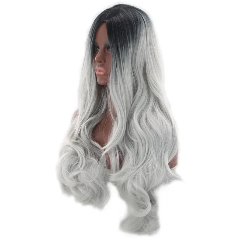 Fashionable Anime Wig Highlight Black and Gray Gradient Harajuku Wig COS Women's Long Curly Hair for Women Ladies Party Props