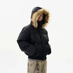 American Street Fashion Detachable Fur Collar Hooded Pu Leather Cotton Jacket Men Winter High-End Versatile Y2k Jacket For Men