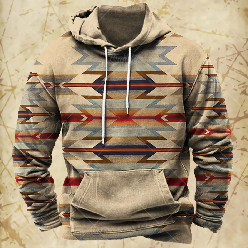 Men Hooded Vintage Print Sweatshirt Ethnic Style Hoodie Autumn and Winter Oversized Casual Men\'s Clothing Daily Street Pullover