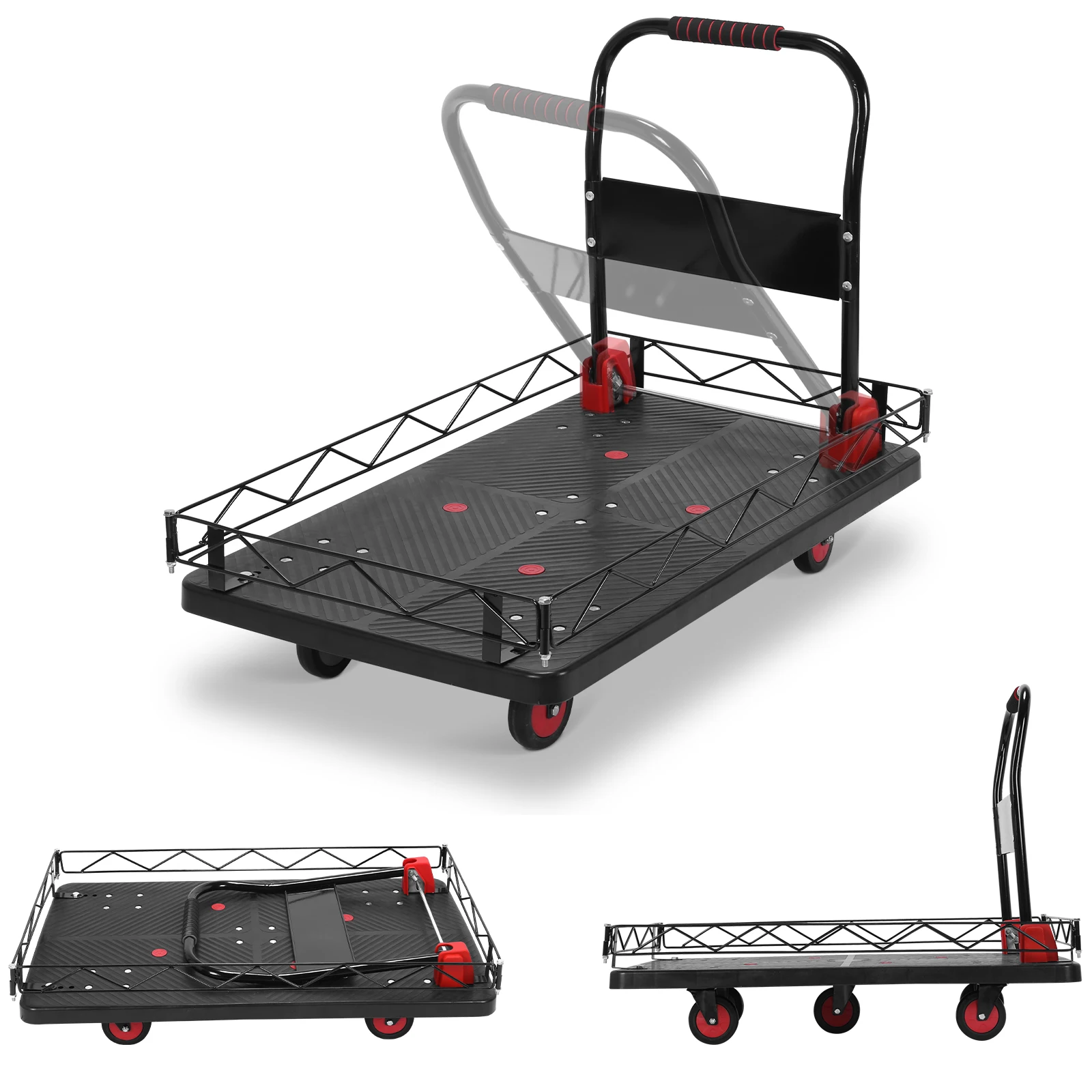 

Тележка-платформа складная 2-в-1 с металлическим ограждением, четырехколесная, грузоподъемность 900 кг, для продуктов, гаража, склада