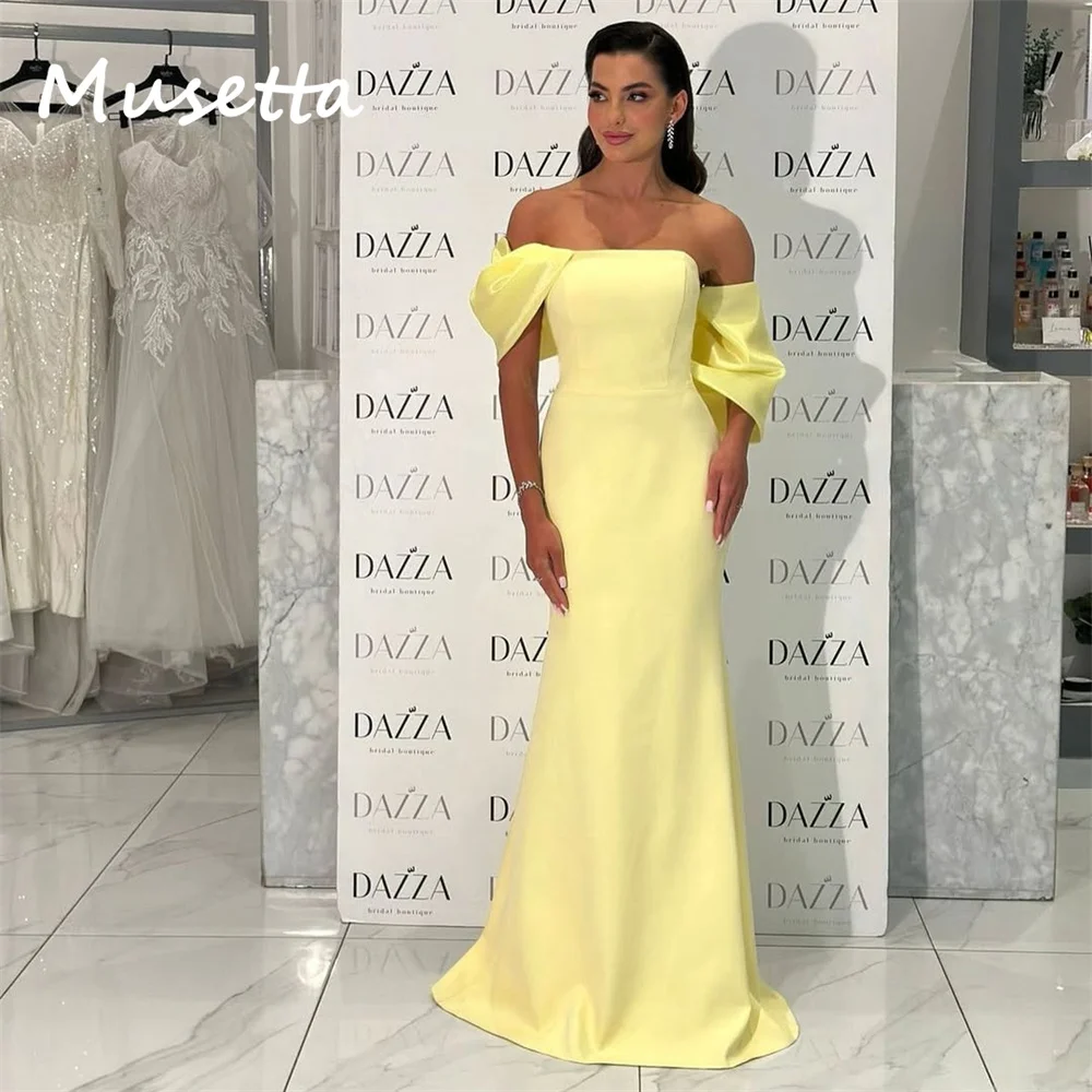 Musetta geel off-the-shoulder zeemeermin avondjurk open rug strapless trein formele prom feestjurk فسات dhásadroة op maat