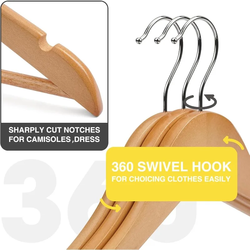 Wood Hangers 60 Pack Wooden Hangers Set,Heavy Duty Clothes Hangers,Precisely Cut Notches Coat Hangers,with Swivel Metal