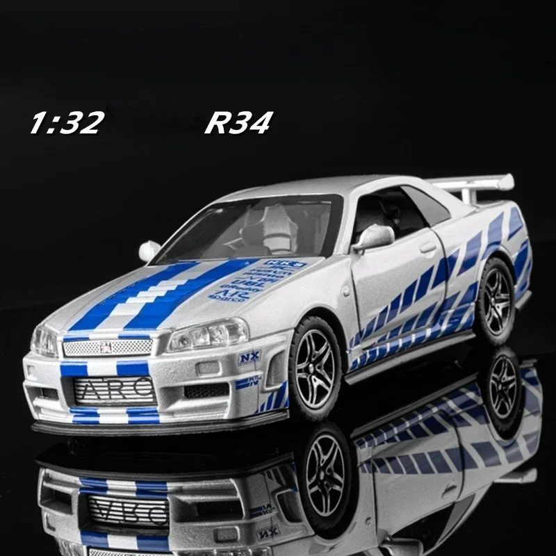 

1:32 SKYLINE R34 сплав, имитация модели автомобиля, литье под давлением, игрушечные транспортные средства и веселые автомобили, украшения, игрушки для детей, мальчиков