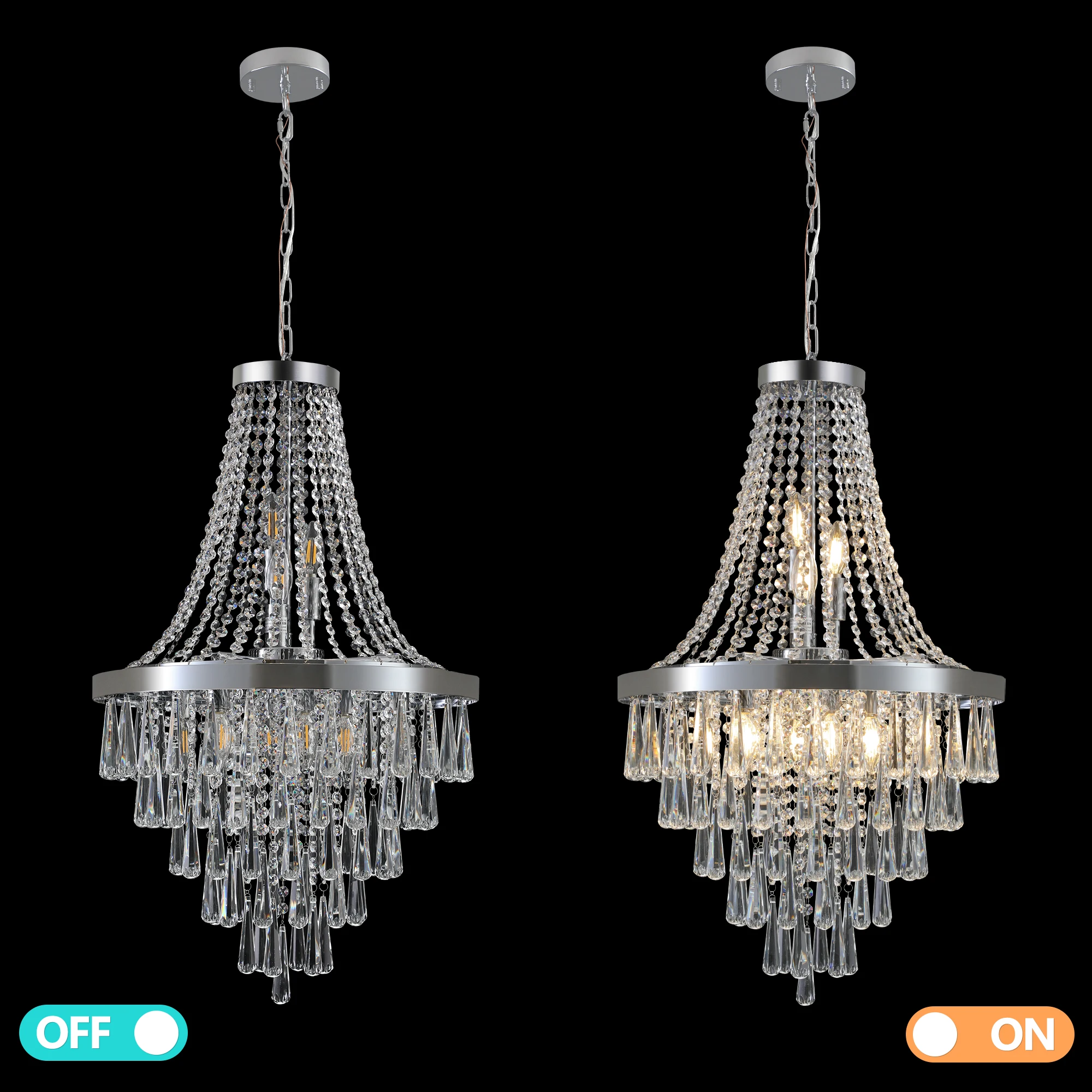 Grande lustre de cristal prateado de luxo, deslumbrante cristal K9, acabamento metálico de alta qualidade, é uma escolha ideal para decoração chique