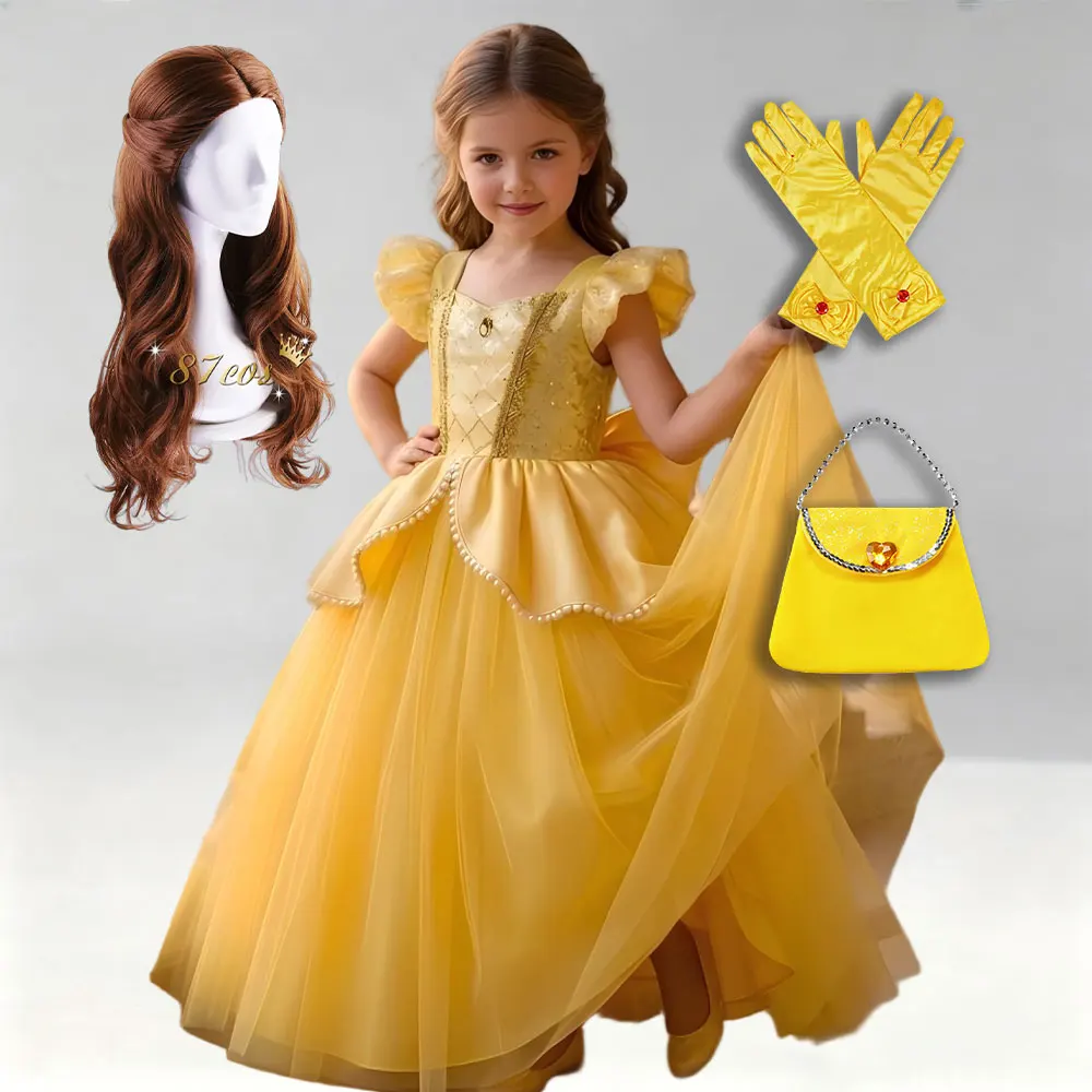 Girls Yellow Sequines Princess Dress with Bow Synthetic Diamond Inlaid Outfit Kids Cosplay Belle Costume Birthday Party Clothes