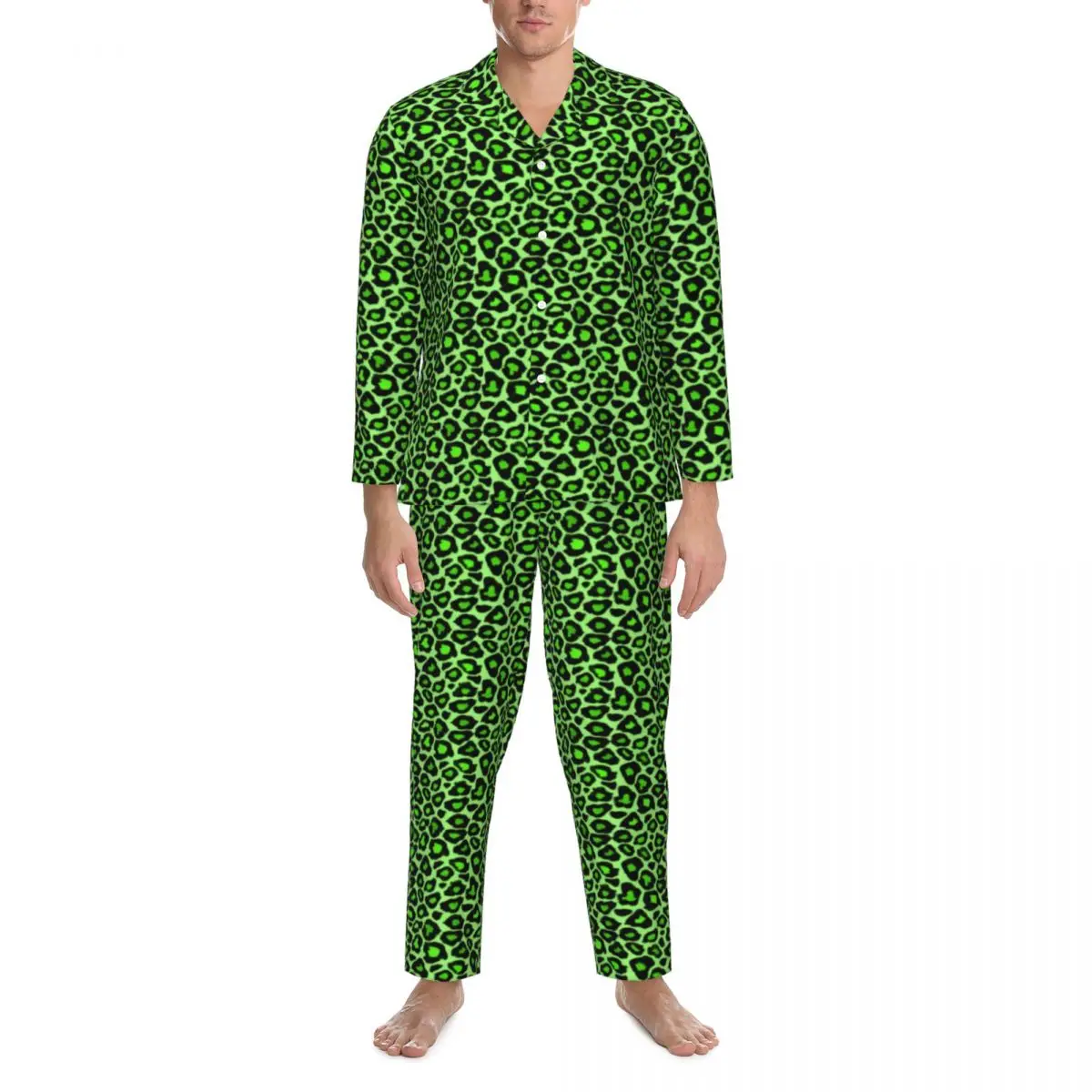 Trendy Leopard Print Sleepwear Spring Neon Green Casual Loose Oversized Pajama Sets Male Long Sleeves Romantic Design Nightwear