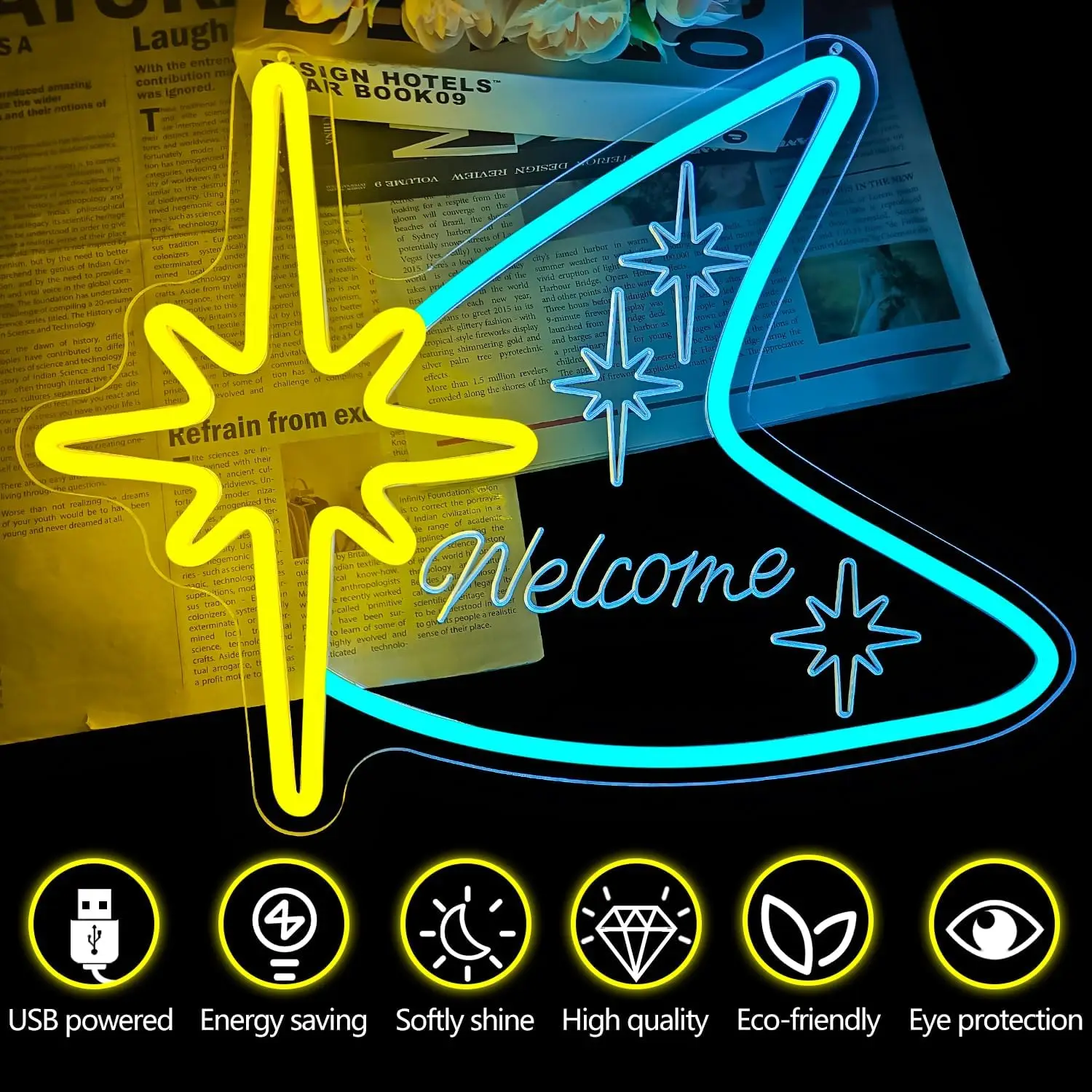 Welcome Neon Sign Shooting Star LED Neon Light Retro Mid Century Entryway Game Room Bedroom Decor Christmas Gift USB Powered