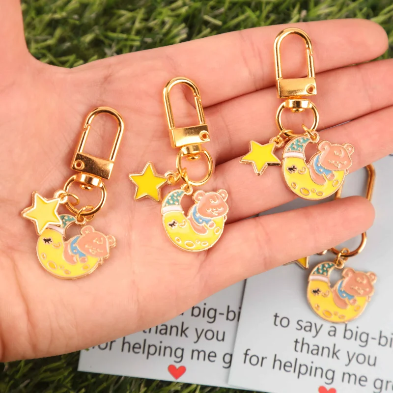2D 6pcs Good Night Little Bear Star and Moon Keychain Set，A chubby little bear on the crescent moon，Paired with bright yellow st