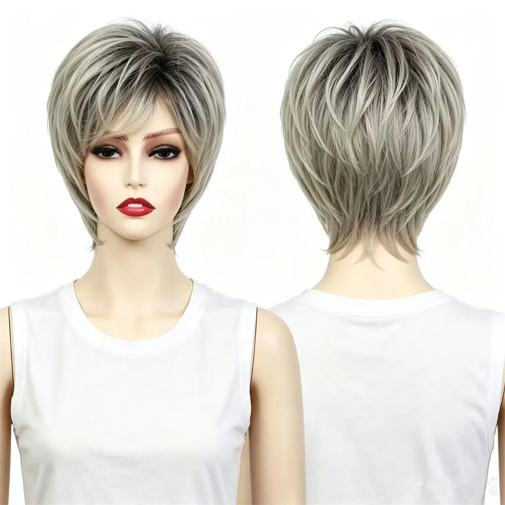 Short Pixie Bob Wig Grey Silver Synthetic Wigs For Women Heat Resistant Fiber Daily Party Natural Layered Short Hair Wig