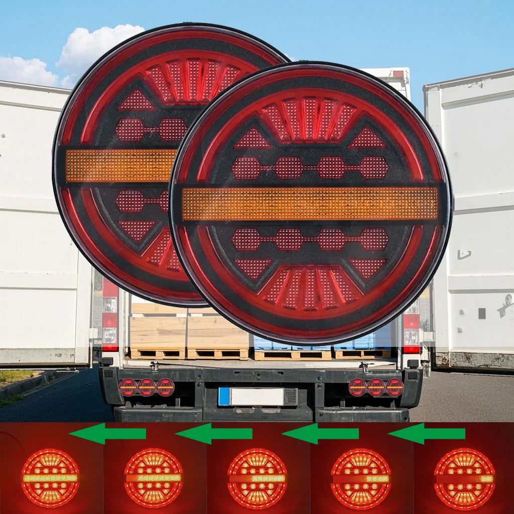 2pcs 12-24V Round LED Trailer Tail Light DRL Flow Turn Signal Rear Brake Lamp For Car Truck Bus Van Boat Caravan Lorry