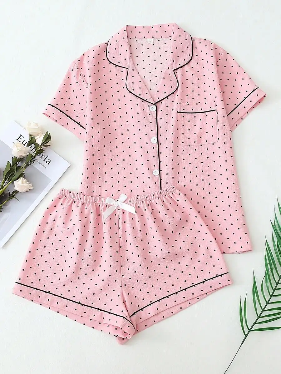 

Womens Polka Dot Pajama Set With Contrast Trim Button-Down Top And Bow Shorts For Summer Home Wear