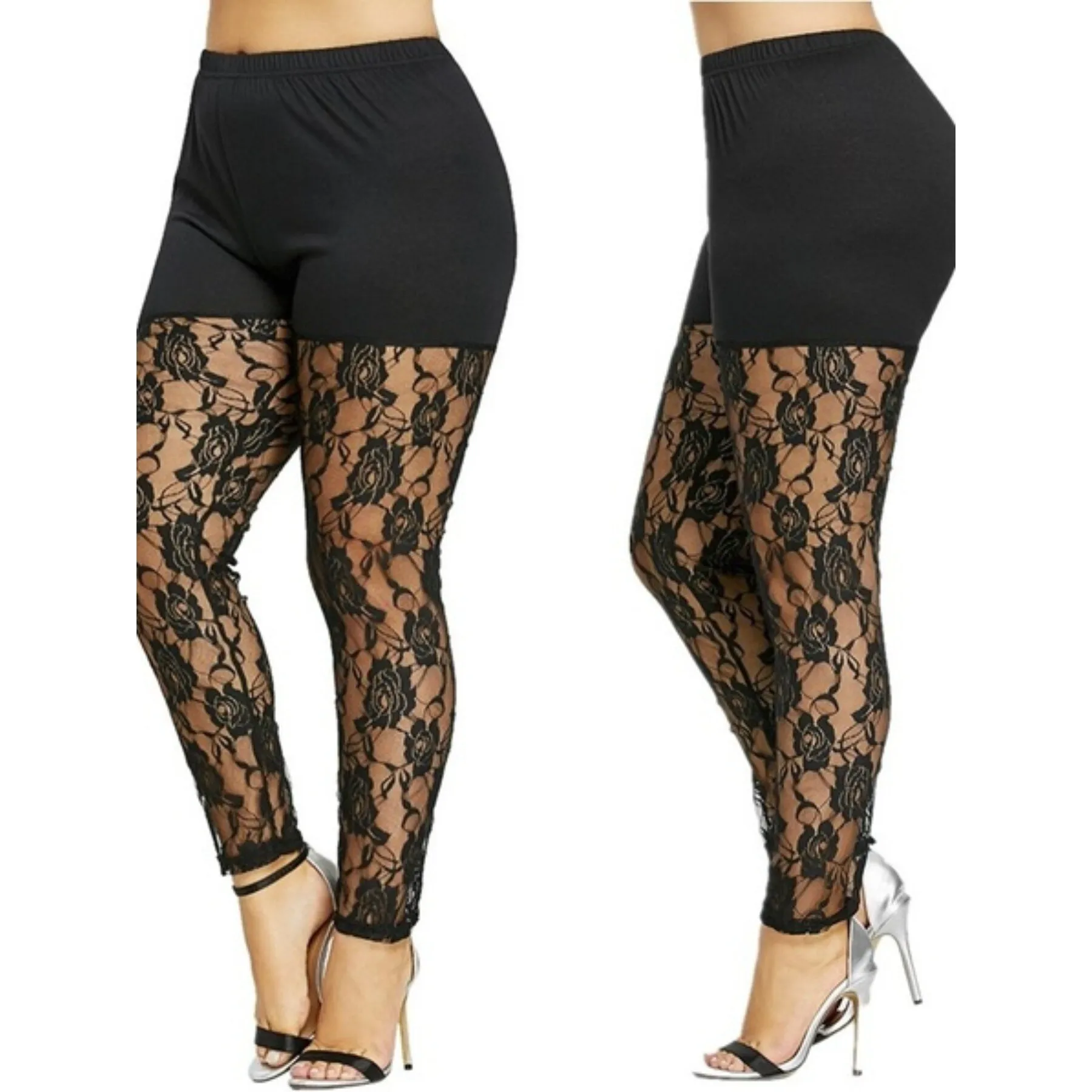 Sheer Rose Lace Leggings Mesh Base Pants Neutral Style 2026 Spring Collection High-Waisted Tummy Control Women's Fashion