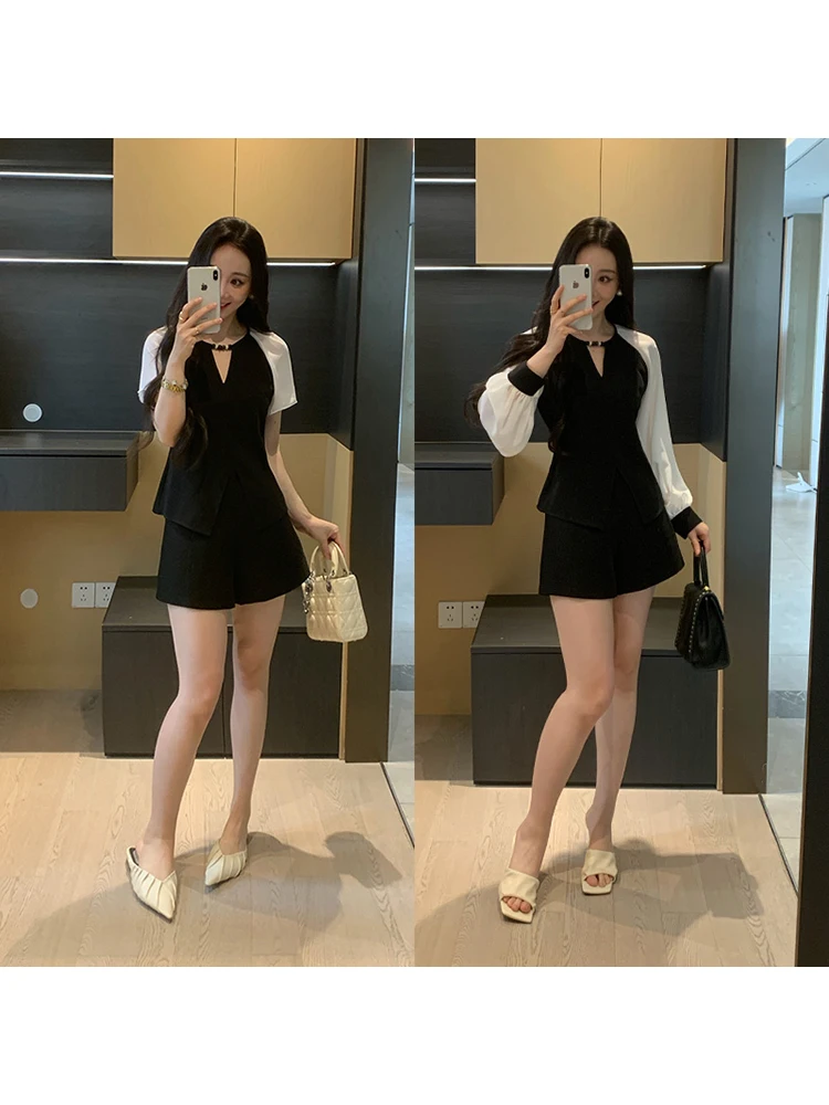 

Весенний женский топ из шифона с эффектом двухслойности и цветовыми блоками, приталенный, универсальный, с завышенной талией, повседневный, свободного кроя, с длинным рукавом