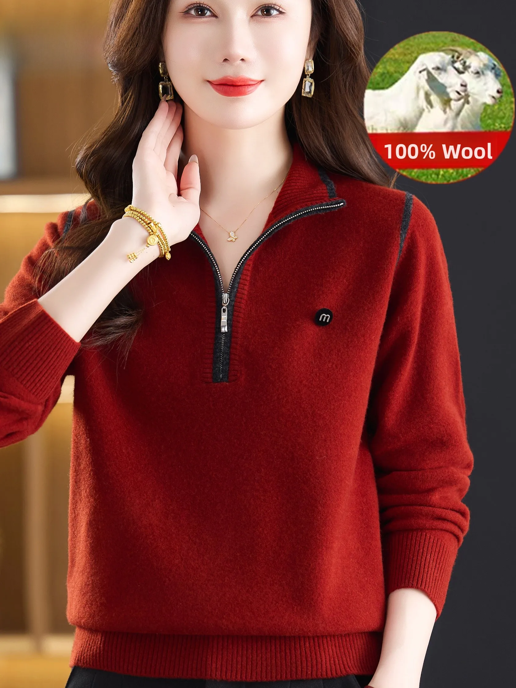 

Осень-зима, женская трикотажная основа из чистой шерсти 00, свободный свитер для похудения с отложным воротником на молнии, повседневная подставка...