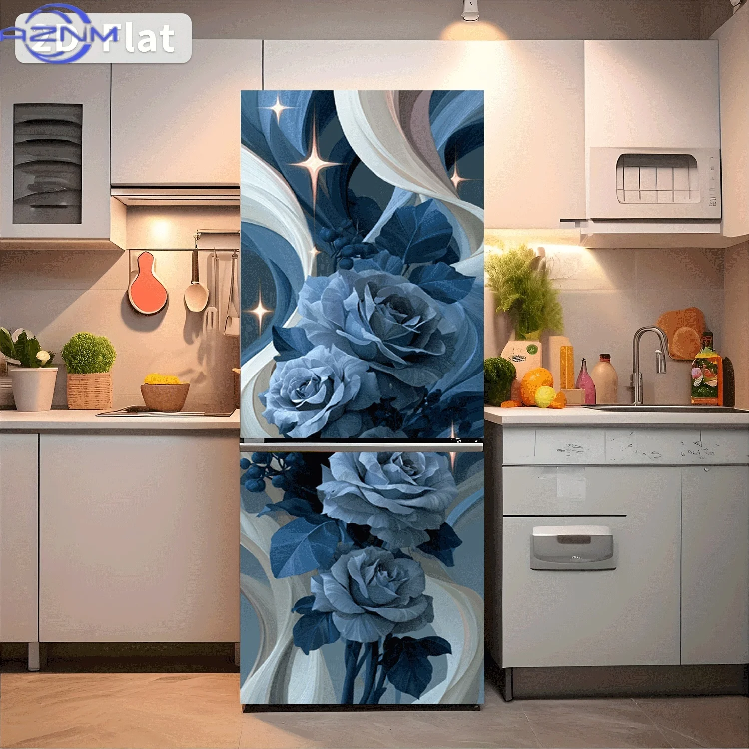 [2D Flat Printing] 1pc Refrigerator Sticker Blue Rose Flowing Light Map Themed Design Wall Decoration Self-Adhesive Suitable f